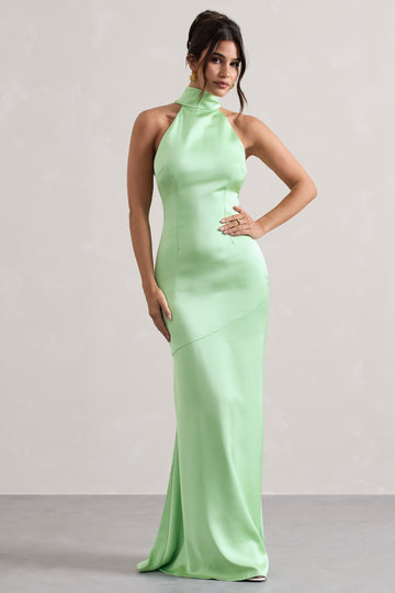 Adoria Light Green Satin High-Neck Maxi Dress